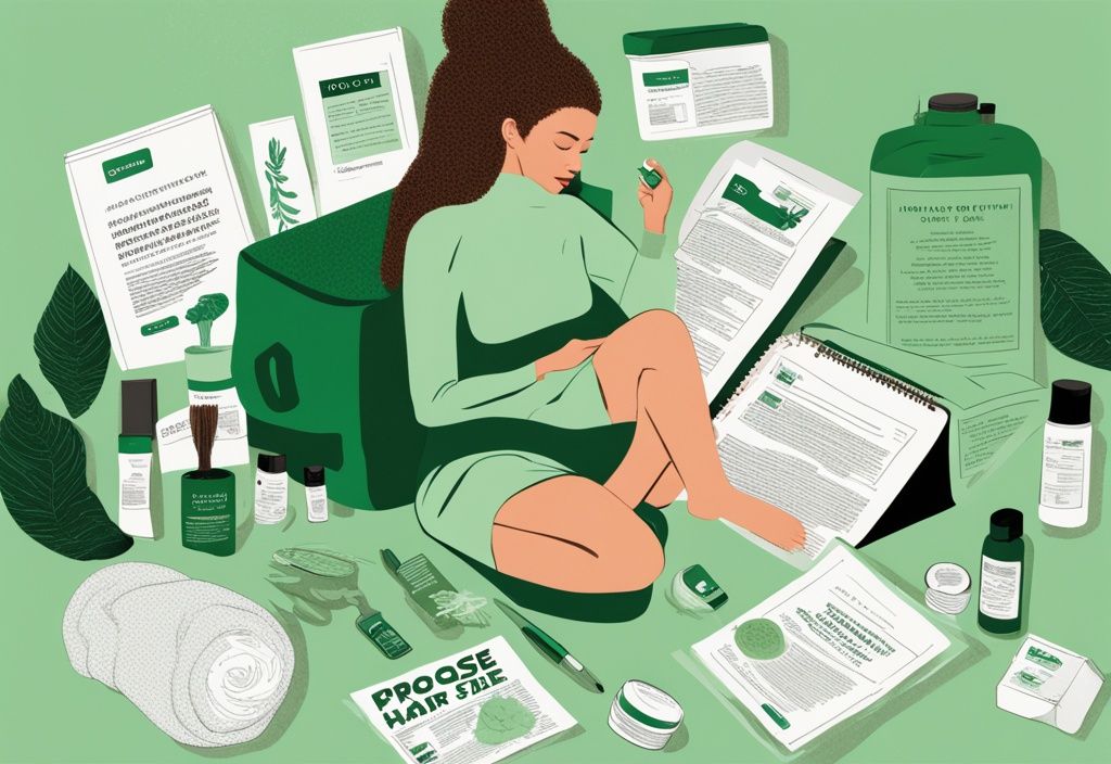 Illustration of a woman reading a document titled "Prose Hair Lawsuit" surrounded by Prose hair care products, featuring a green color theme.