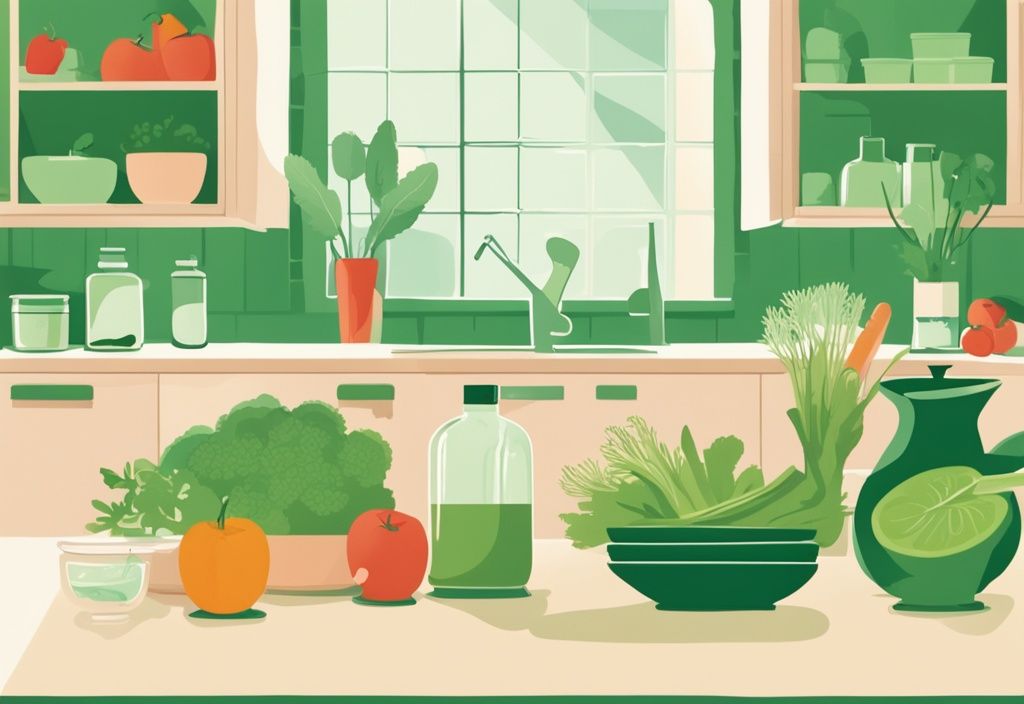 Illustration of a green-themed kitchen with fresh fruits, vegetables, glass storage containers, and eco-friendly cleaning products.