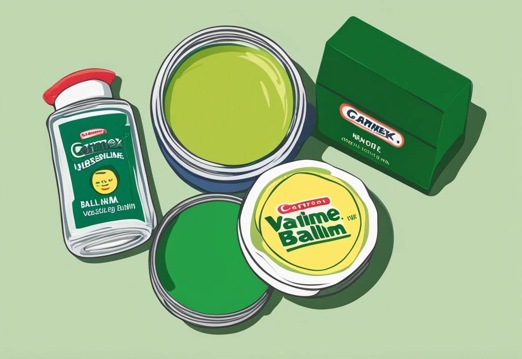 Illustration of Carmex lip balm and Vaseline jar on neutral background with green color theme.