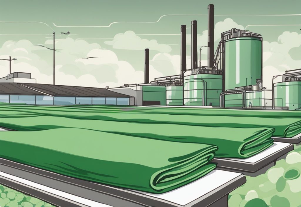 Illustration of Earth Breeze laundry sheets with a green theme and factory background.