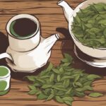 Illustration of organic tea leaves on a rustic wooden table with a steaming cup, highlighting what is organic tea.