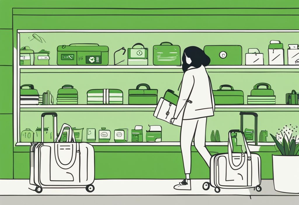 Person exploring where to buy chemical-free luggage in a green-themed, eco-friendly store illustration.