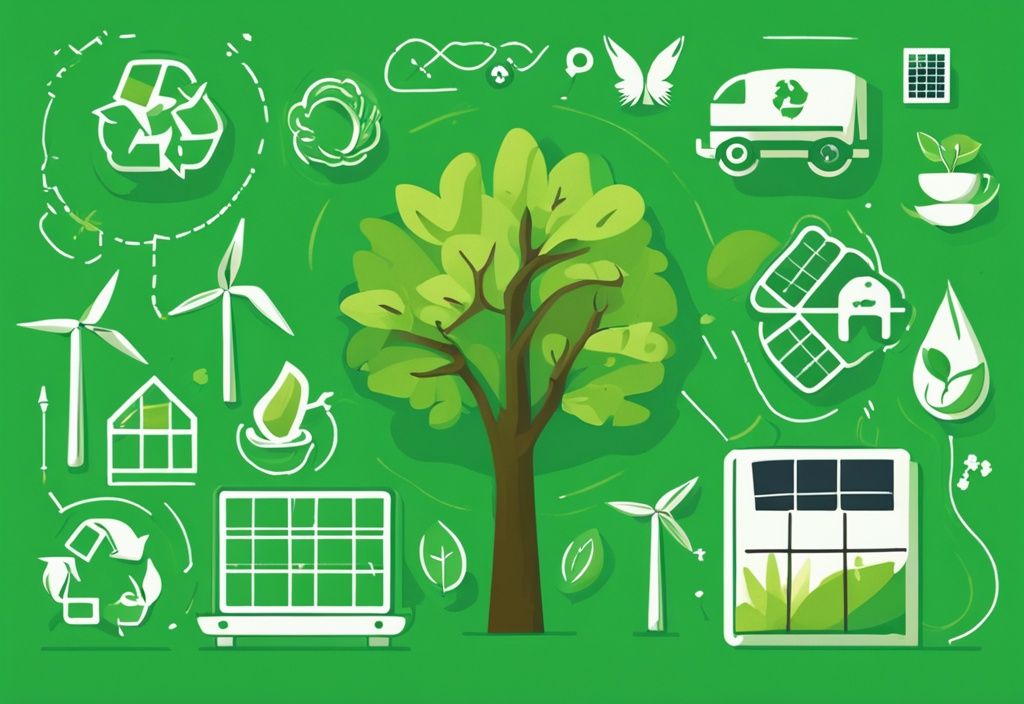 Eco-friendly illustration featuring green symbols like a recycling symbol, tree, wind turbine, and solar panel.