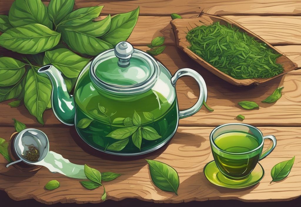 Organic tea leaves on rustic wooden table with glass teapot steeping vibrant brew, green color theme.