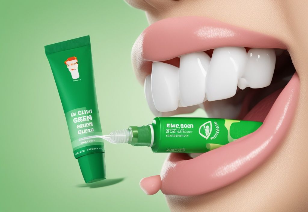 Close-up illustration of non-toxic super glue for teeth with a tooth model and crown application, featuring a green color theme.