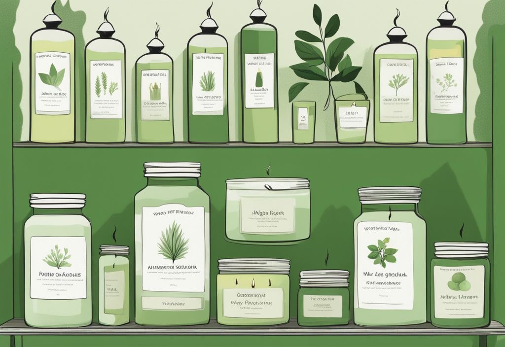 Illustration of non-toxic candles in a serene green setting with labels highlighting natural ingredients