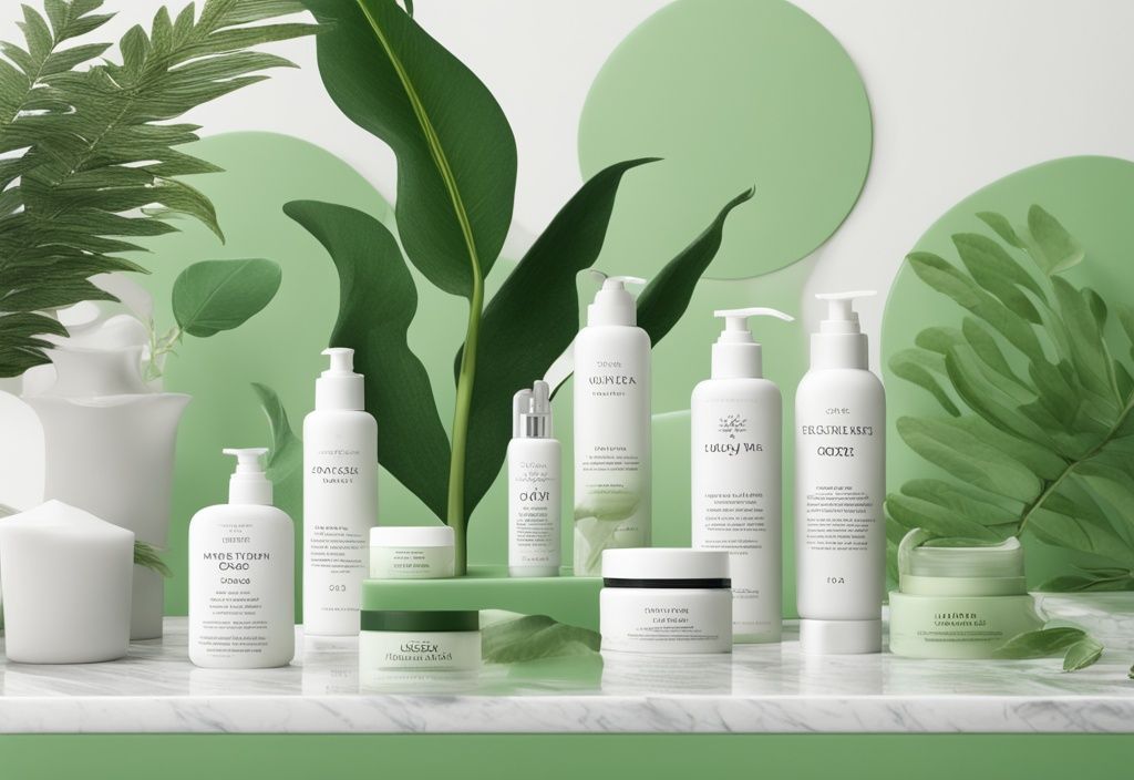 Illustration of vegan moisturizers on marble countertop with green plants, emphasizing eco-friendly skincare products.