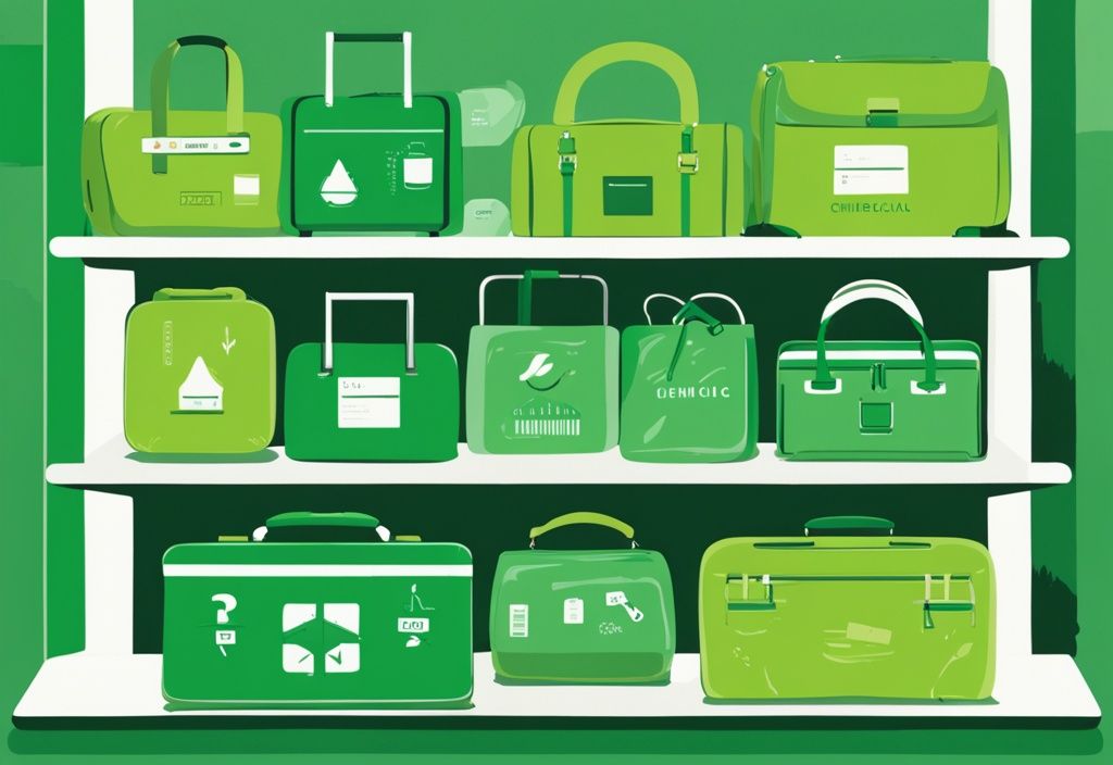 Eco-friendly luggage with green chemical-free labels in modern store display