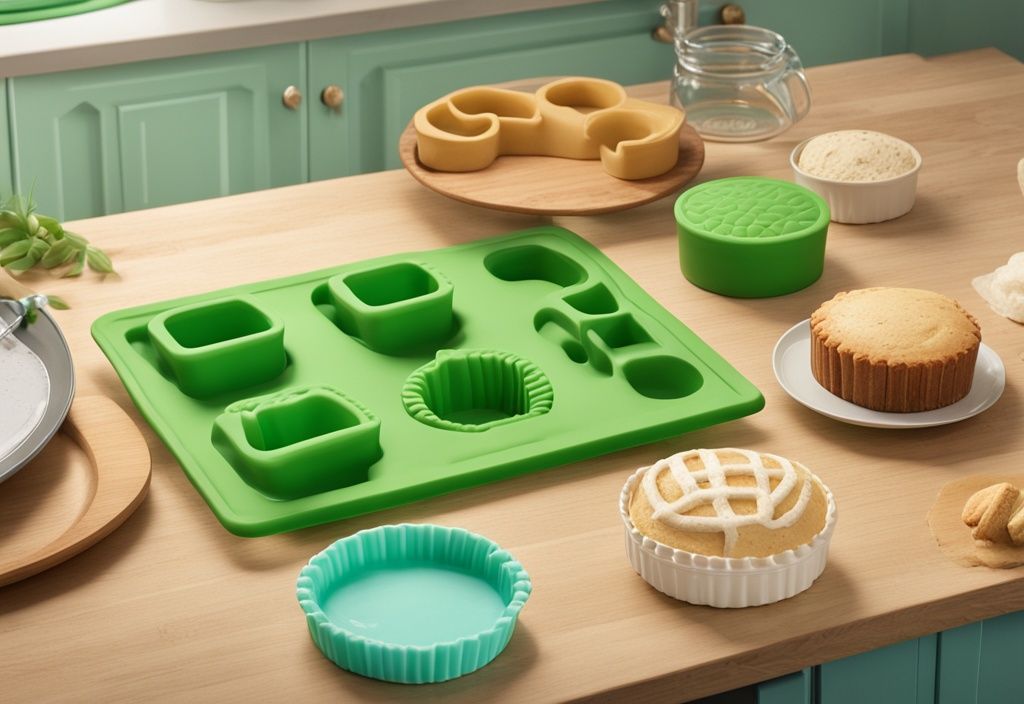 Illustration of colorful oven safe silicone molds on a wooden countertop with a freshly baked cake in one mold, featuring a green color theme.