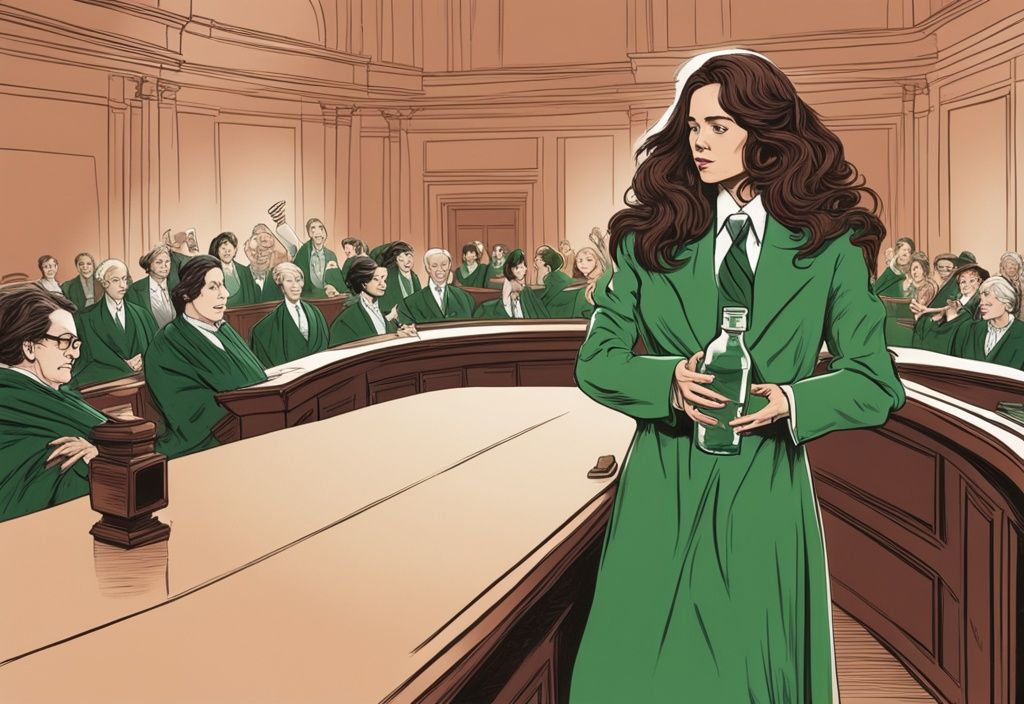 Illustration of a courtroom scene featuring a woman with flowing hair holding a Prose hair product, with lawyers arguing in the background, highlighting the Prose hair lawsuit.