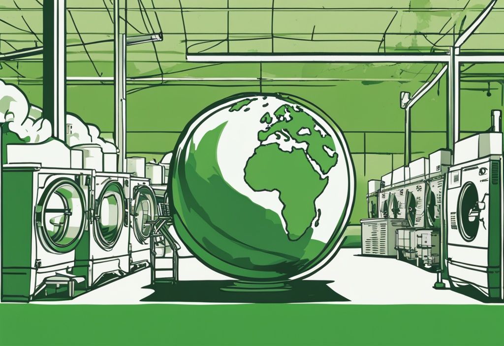 Illustration of a green-themed factory producing Earth Breeze laundry sheets with a globe highlighting where Earth Breeze laundry sheets are made.