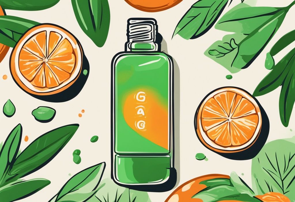 Illustration of a green-themed vegan vitamin C serum in an orange-filled glass dropper bottle surrounded by fresh citrus fruits and leaves.