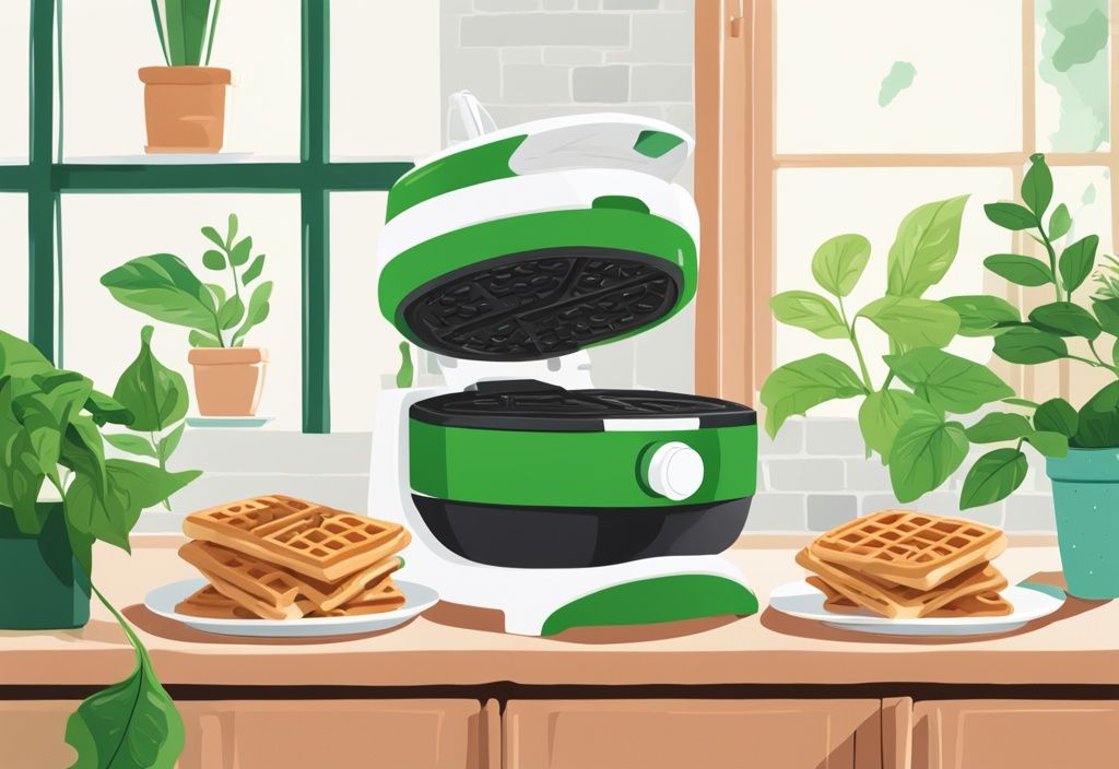 Illustration of a non-toxic waffle maker on a kitchen counter with fresh waffles, green plants, and a sign highlighting its non-toxic feature, main color theme green.