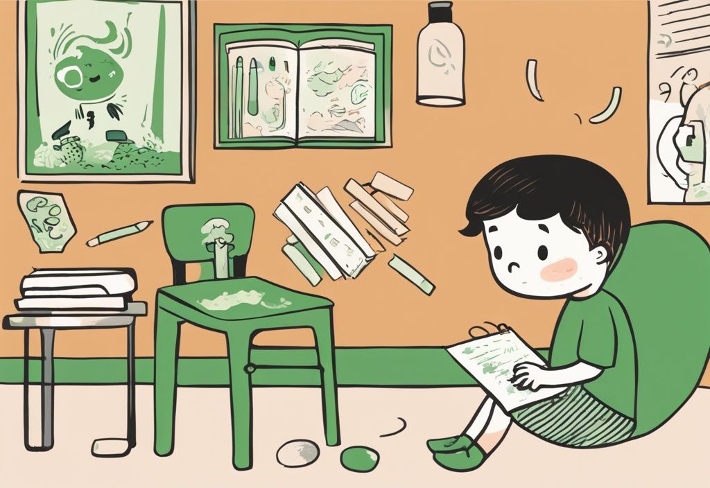 Child with puzzled expression holding crayon and coloring page, thought bubble shows symptoms like stomachache, nausea, colorful stool, green color theme illustration.