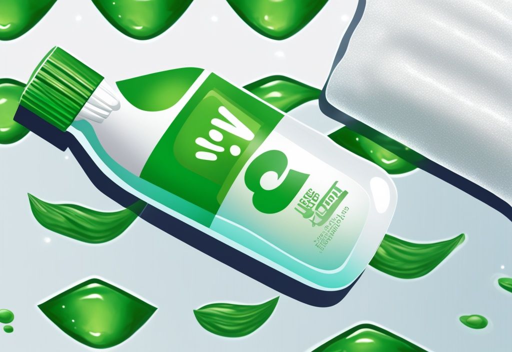 Close-up of a green-themed illustration featuring a tube of non-toxic super glue for teeth, a sparkling white tooth, and a dental mirror in the background.