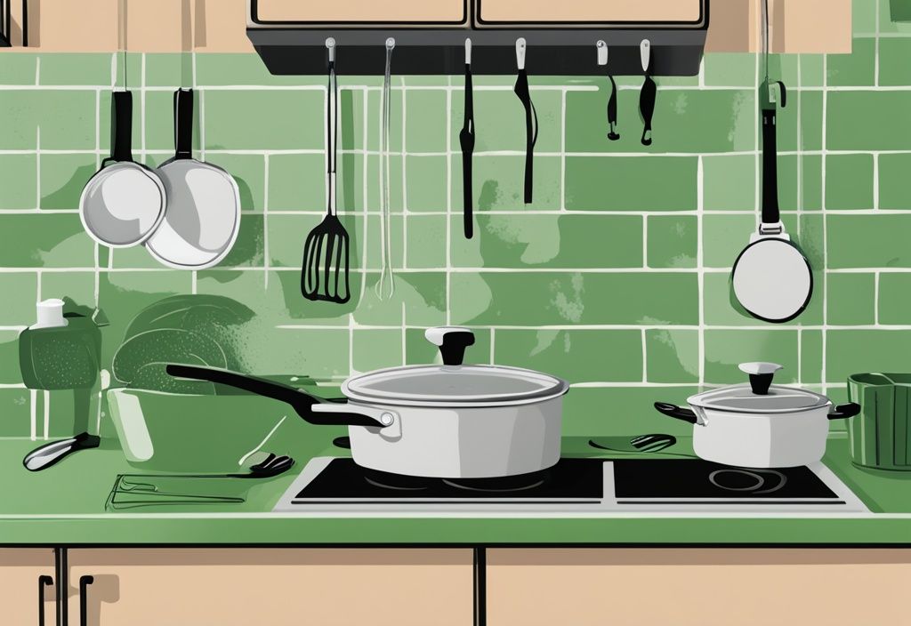 Illustration of non-toxic pans, including cast iron, stainless steel, and ceramic, on a green-themed kitchen countertop, answering the question: what pans are non toxic?