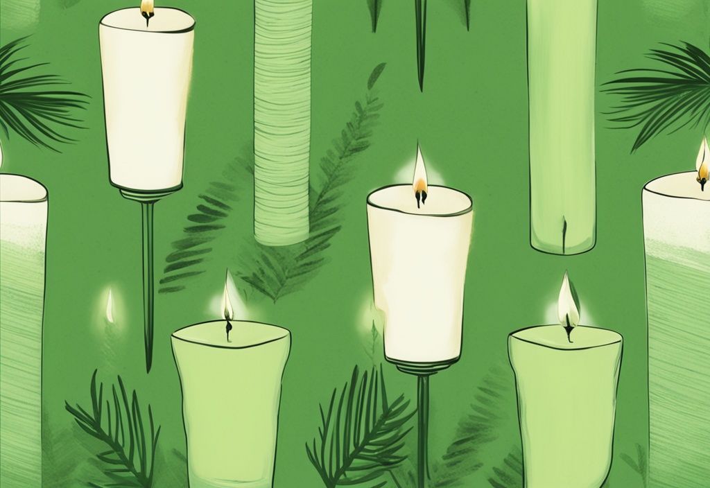 Green-themed illustration of contrasting candles; palm wax candle with unique texture and color next to a soy wax candle.