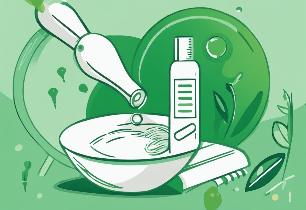 Illustration of Native shampoo bottle with magnifying glass highlighting dandruff on scalp, green color theme.