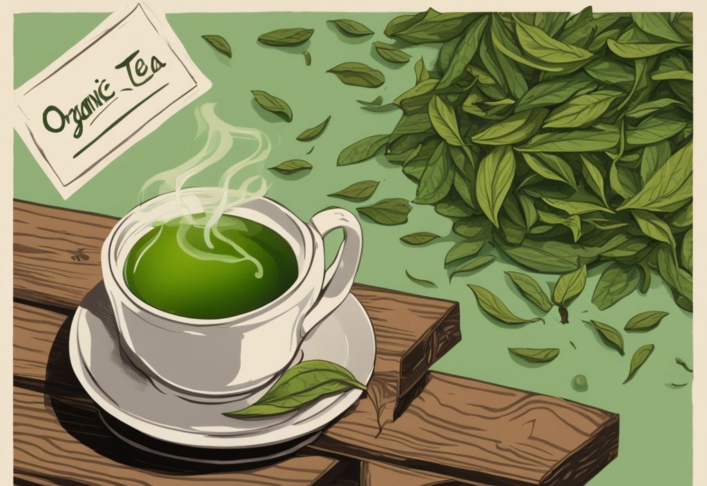 Illustration of what is organic tea with green-themed organic tea leaves on a wooden table, a steaming cup of brewed tea, and a sign reading "Organic Tea".