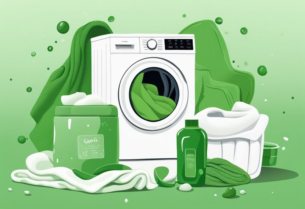 Green-themed illustration of non-toxic laundry scent boosters on white laundry background with freshly washed clothes nearby.