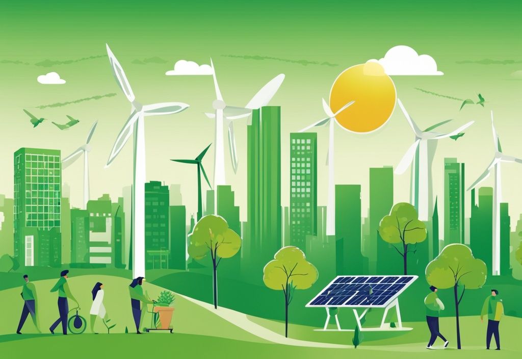 Green cityscape with solar panels, wind turbines, and people planting trees, illustrating sustainable practices.