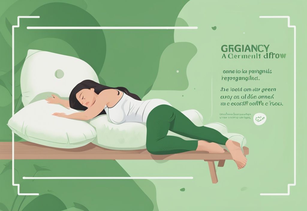 Illustration of a pregnant woman resting on a certified non-toxic pregnancy pillow, green color theme