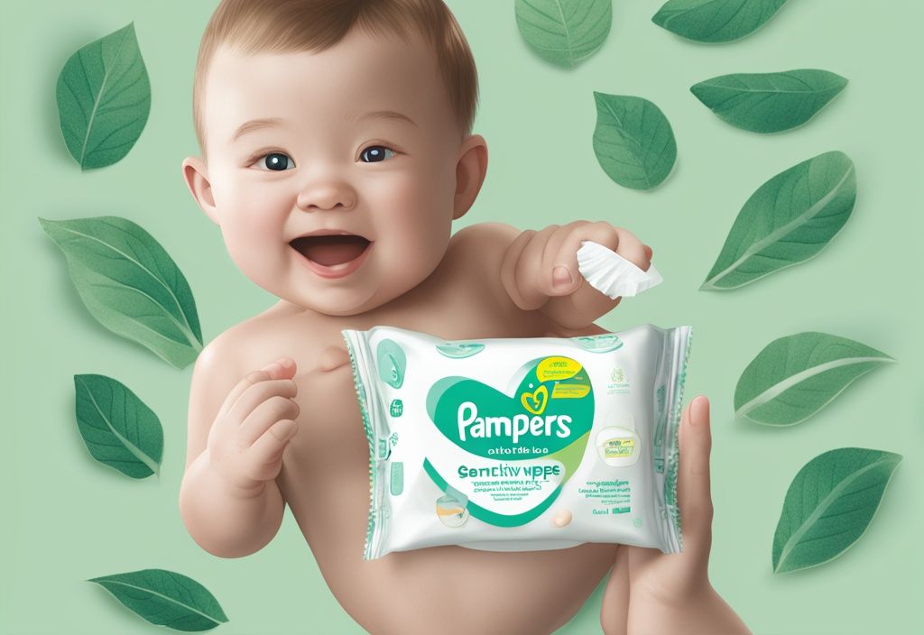 Illustration of Pampers sensitive wipes pack with open top, revealing soft wipes, surrounded by key ingredients, green color theme.