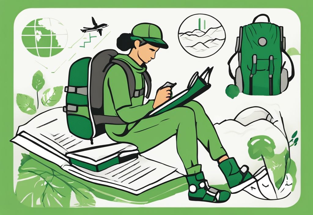 Backpacker with eco-friendly gear studying a map and "Travel Sustainable Level 1" guidebook, green theme illustration.