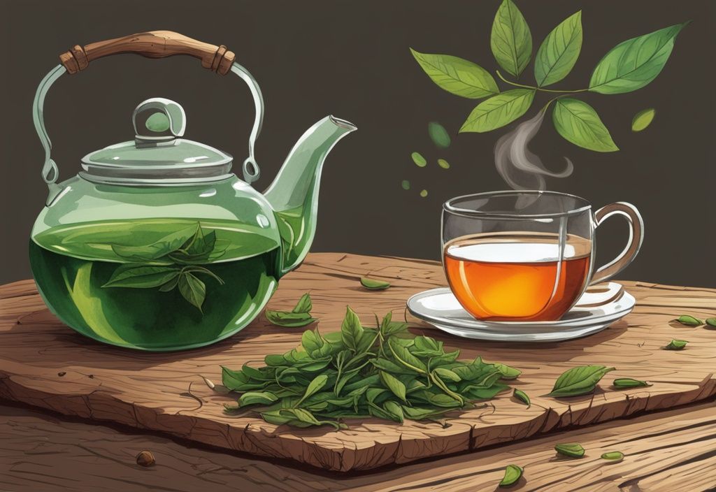 Organic tea leaves on rustic wooden table with glass teapot steeping vibrant green brew