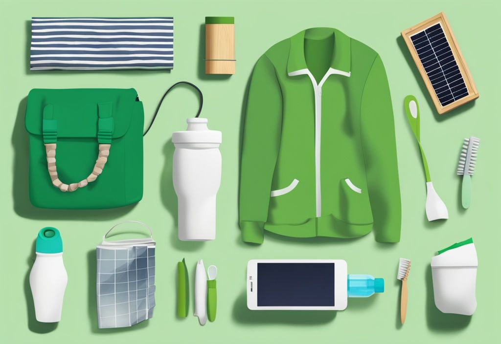 Illustration of sustainable life hacks with green-themed everyday items like a reusable water bottle, cloth shopping bags, bamboo toothbrush, and solar charger.