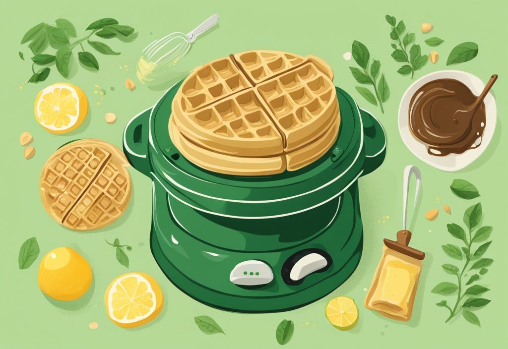 Illustration of a non-toxic waffle maker with golden waffles and organic ingredients, featuring a green color theme.