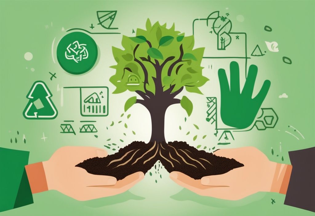 Illustration of hands planting a young tree in fertile soil with green theme, surrounded by recycling symbols and renewable energy icons.