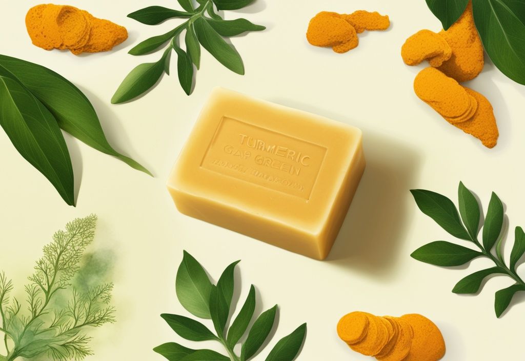 Close-up of turmeric soap bar with fresh turmeric roots and glowing skin texture, green color theme.