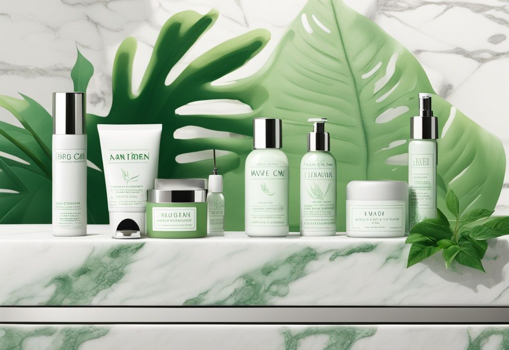 Illustration of vegan moisturizers on a marble countertop with green plants, emphasizing a green color theme.