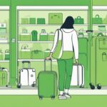 Person browsing chemical-free luggage in eco-friendly store, highlighting where to buy chemical free luggage.