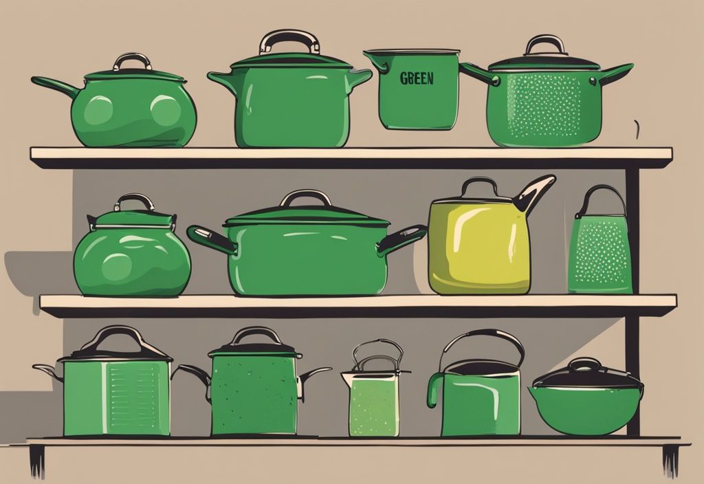 Illustration of green-themed non-toxic pans, including stainless steel, cast iron, and ceramic options.