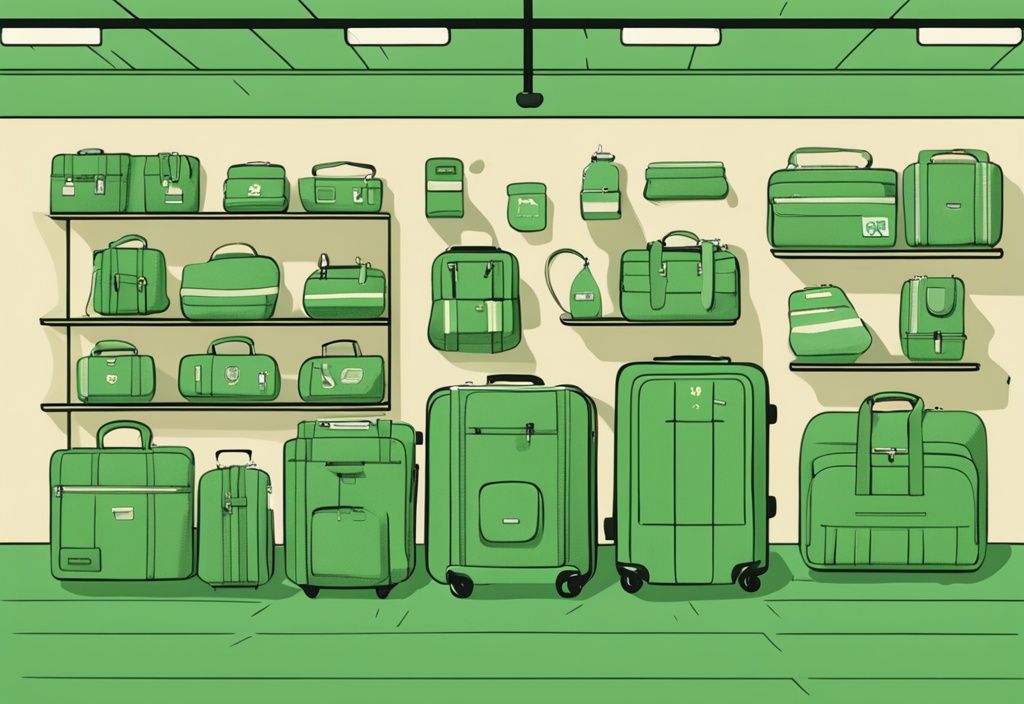 Eco-friendly luggage with green chemical-free labels in a modern store display.