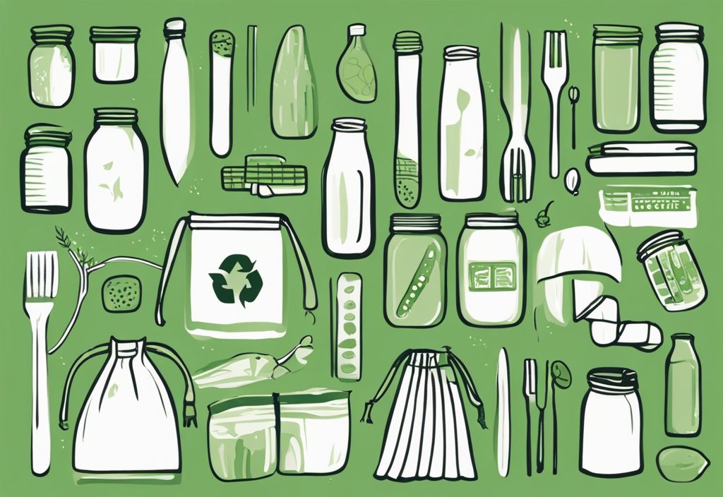 Illustration of zero waste concept with green-themed reusable items like cloth bags, glass jars, and bamboo cutlery forming a zero shape.