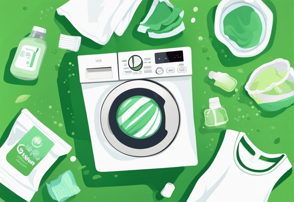 Green-themed illustration of non-toxic laundry scent boosters on a white background with freshly washed clothes nearby.