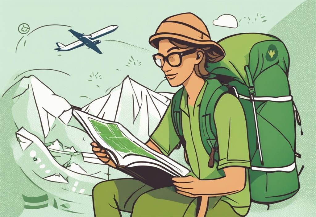 Eco-friendly backpacker studying map and "Travel Sustainable Level 1" guidebook, green-themed illustration.