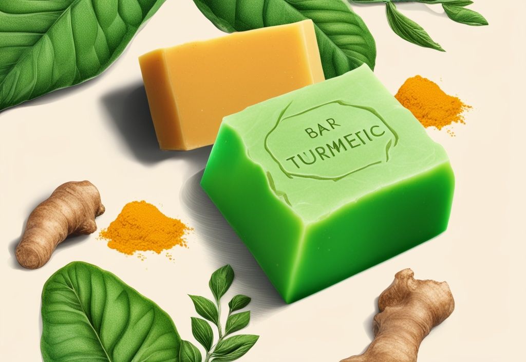 Close-up of a green-themed turmeric soap bar surrounded by fresh turmeric roots and glowing skin texture background.