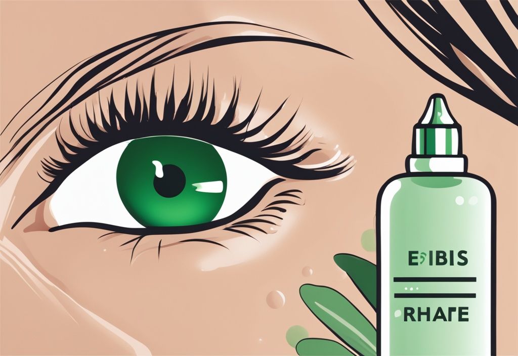 Close-up of a woman's eye with long eyelashes holding a bottle of pregnancy safe eyelash serum, featuring a green color theme.