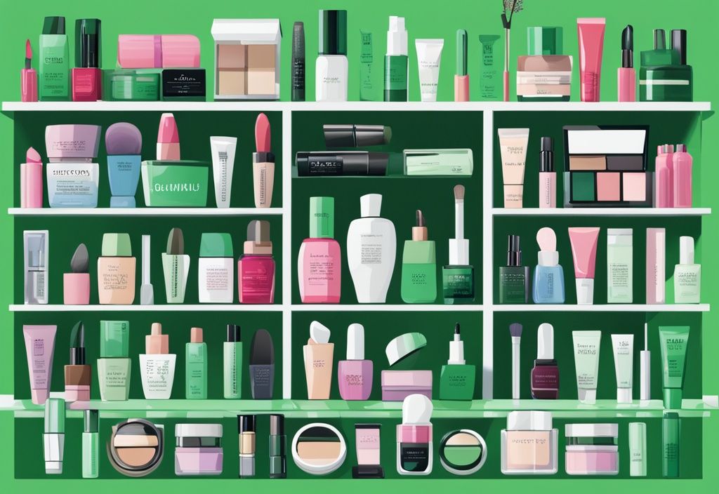 Illustration of green-themed beauty stores with colorful makeup and skincare products, similar to Sephora.