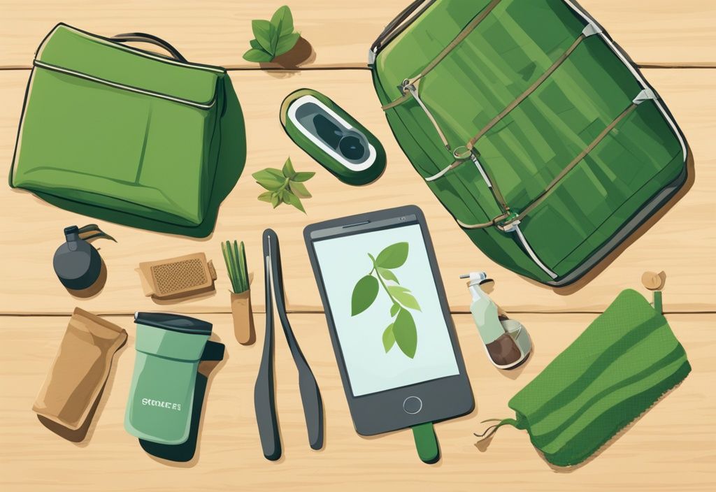 Illustration of sustainable life hacks featuring green-themed everyday items like reusable shopping bags, bamboo toothbrush, solar-powered gadgets, and compost bin on a wooden table.